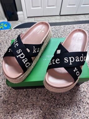 kate spade Blush Pink Platform Slide Sandals with Black Logo Cross Straps